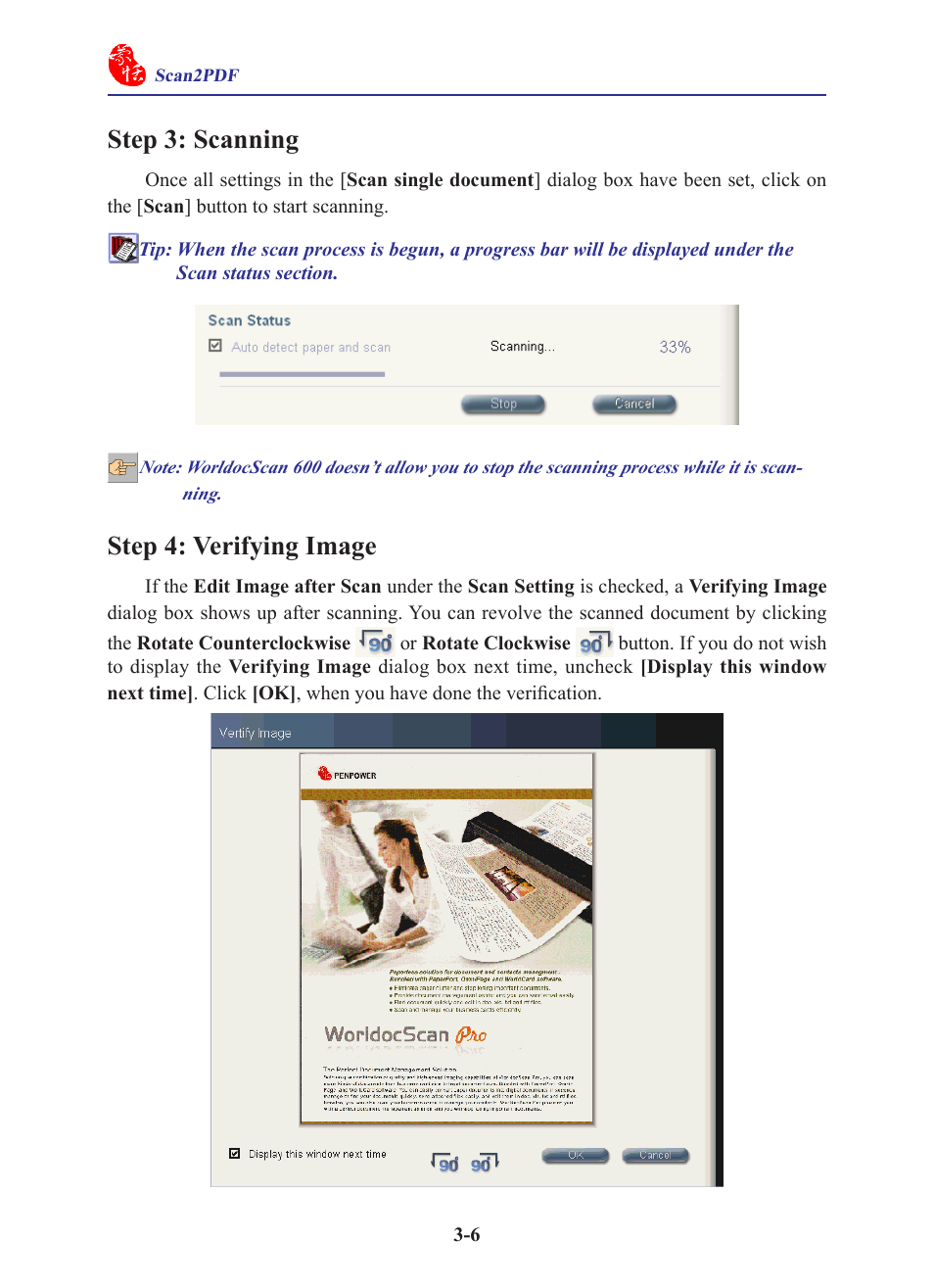 Step 3: scanning, Step 4: verifying image | Penpower WorldocScan 400 (Win) User Manual | Page 18 / 33