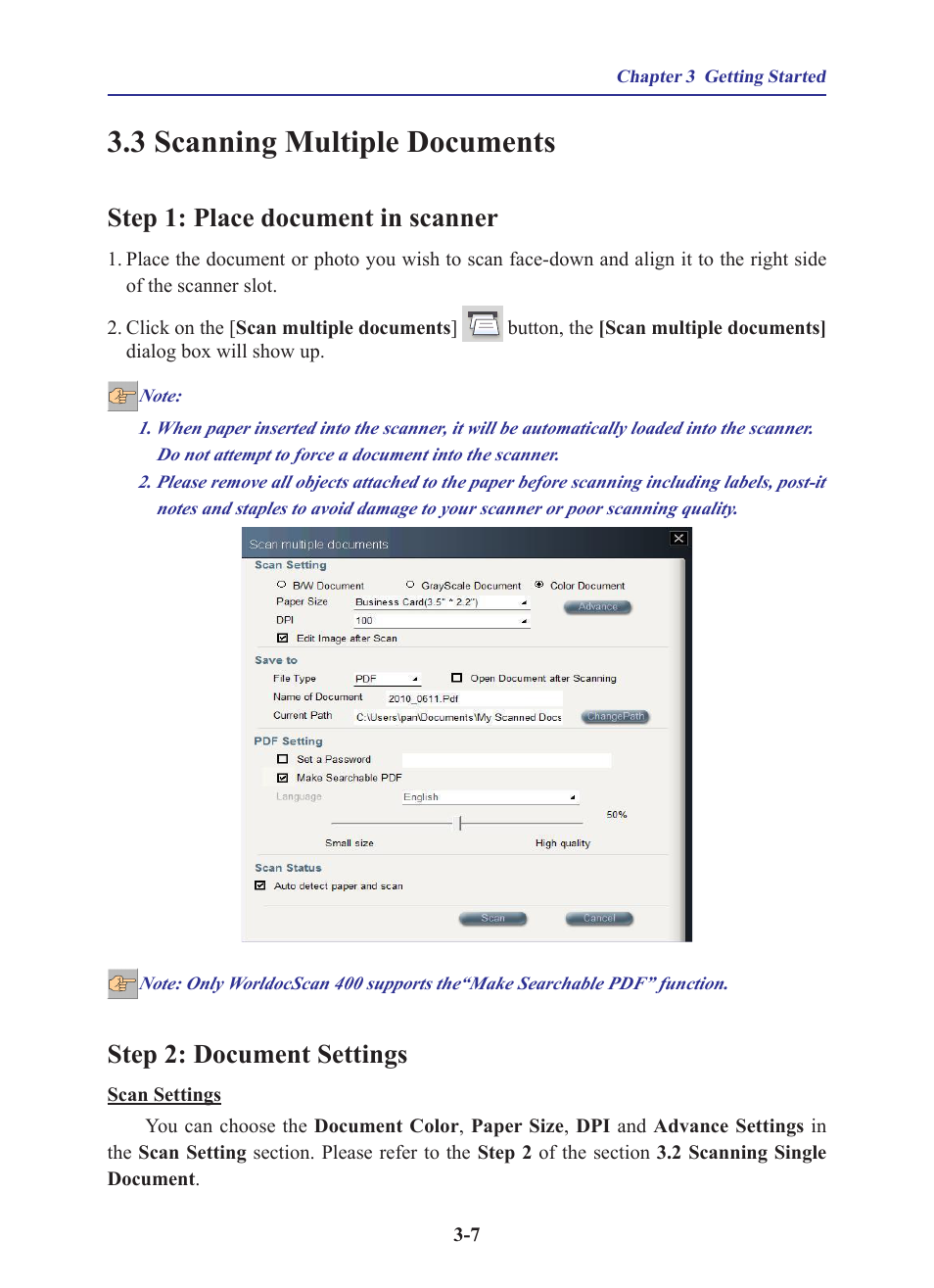 3 scanning multiple documents, Step 1: place document in scanner, Step 2: document settings | Penpower WorldocScan 400 (Win) User Manual | Page 19 / 33