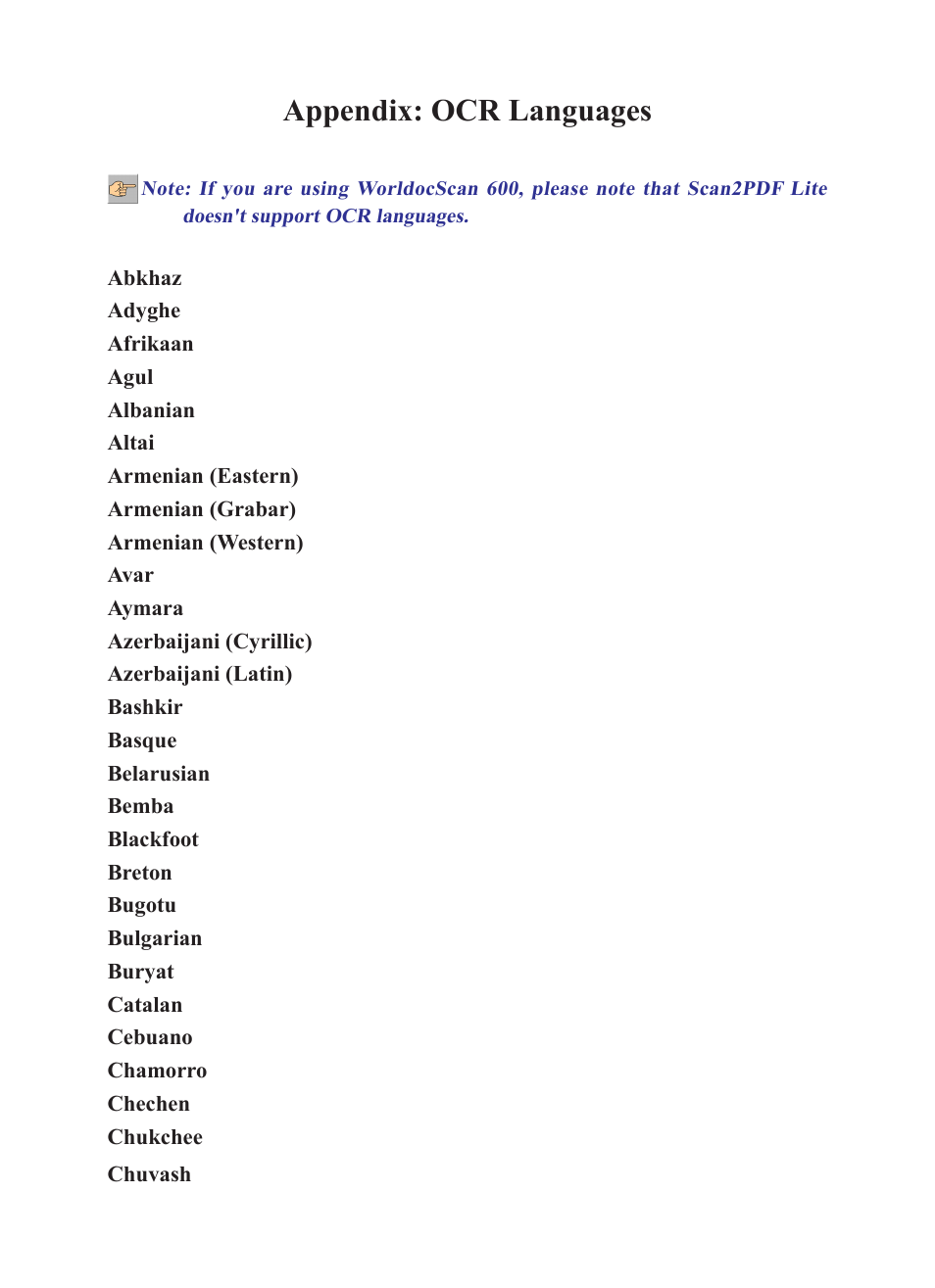 Appendix: ocr languages | Penpower WorldocScan 400 (Win) User Manual | Page 27 / 33