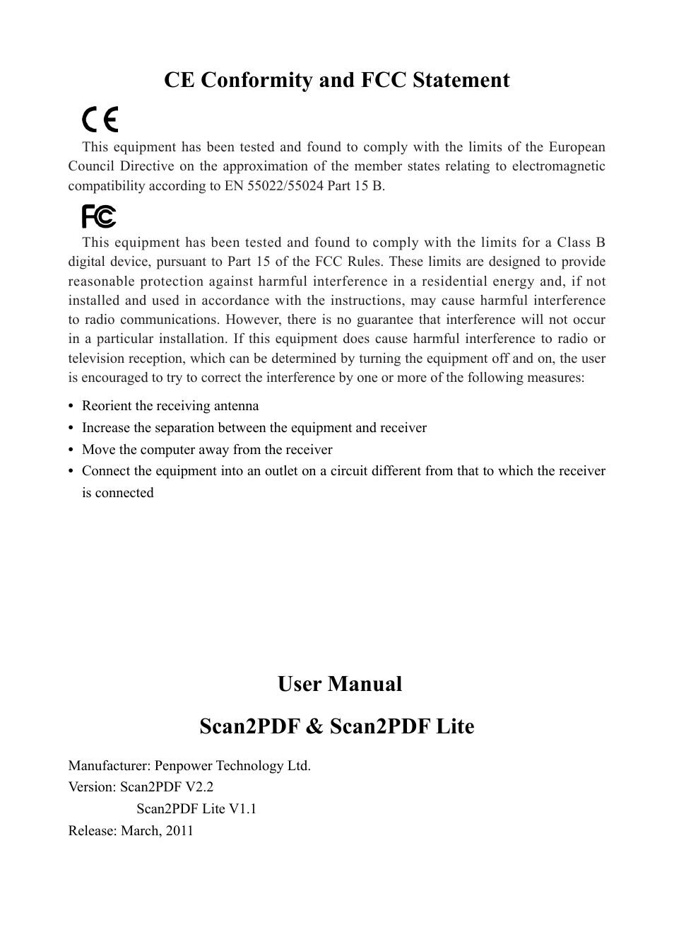 User manual scan2pdf & scan2pdf lite, Ce conformity and fcc statement | Penpower WorldocScan 400 (Win) User Manual | Page 33 / 33