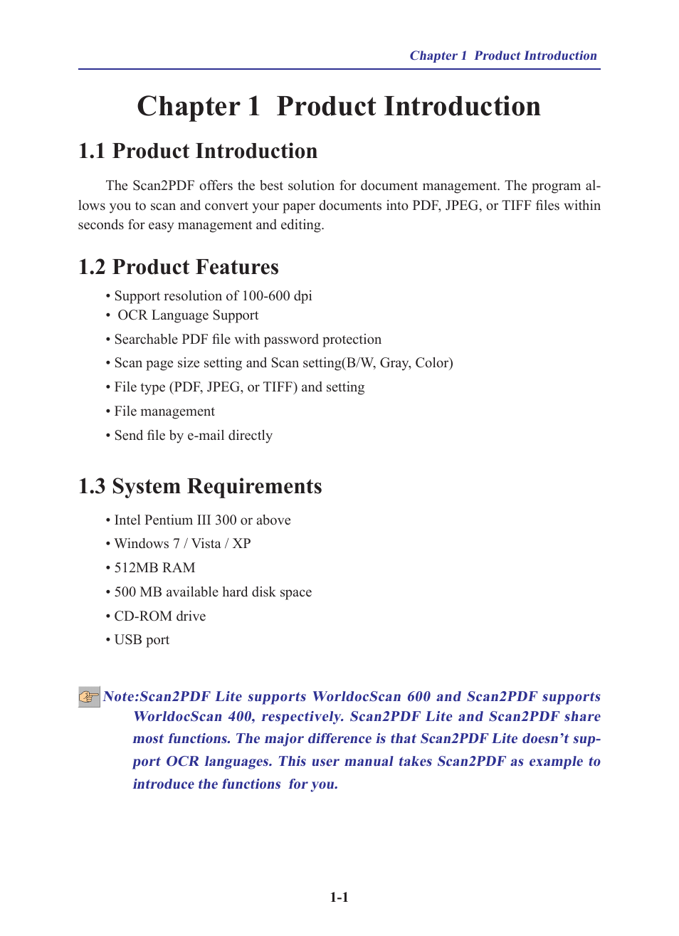 Chapter 1 product introduction, 1 product introduction, 2 product features | 3 system requirements | Penpower WorldocScan 400 (Win) User Manual | Page 5 / 33