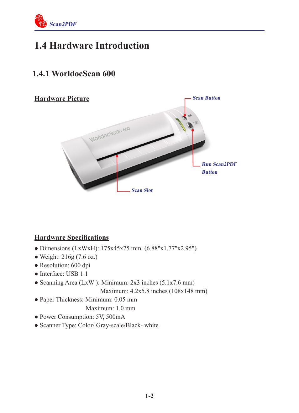 4 hardware introduction, 1 worldocscan 600 | Penpower WorldocScan 400 (Win) User Manual | Page 6 / 33