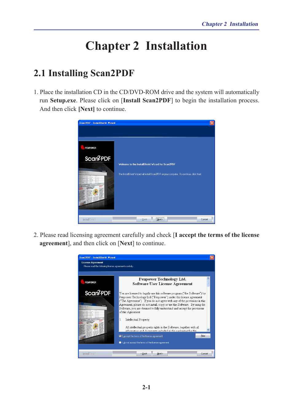Chapter 2 installation, 1 installing scan2pdf | Penpower WorldocScan 400 (Win) User Manual | Page 9 / 33
