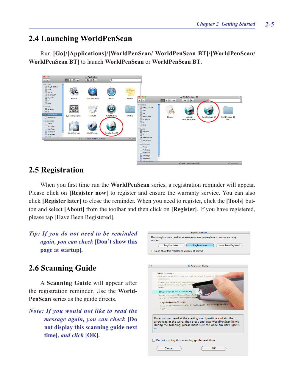 4 launching worldpenscan, 5 registration, 6 scanning guide | Penpower WorldPenScan (Mac) User Manual | Page 12 / 32