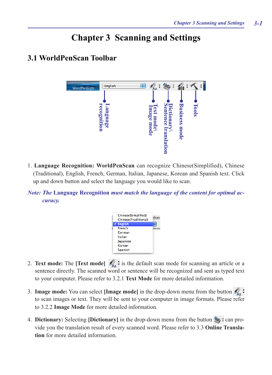 Chapter 3 scanning and settings, 1 worldpenscan toolbar, Chapter 3 scanning and settings -1 | 1 worldpenscan toolbar -1 | Penpower WorldPenScan (Mac) User Manual | Page 16 / 32