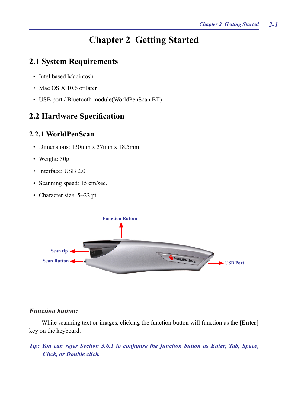 Chapter 2 getting started, 1 system requirements, 2 hardware specification | 1 worldpenscan, 書籤 1, Chapter 2 getting started -1, 1 worldpenscan - 1 | Penpower WorldPenScan (Mac) User Manual | Page 8 / 32