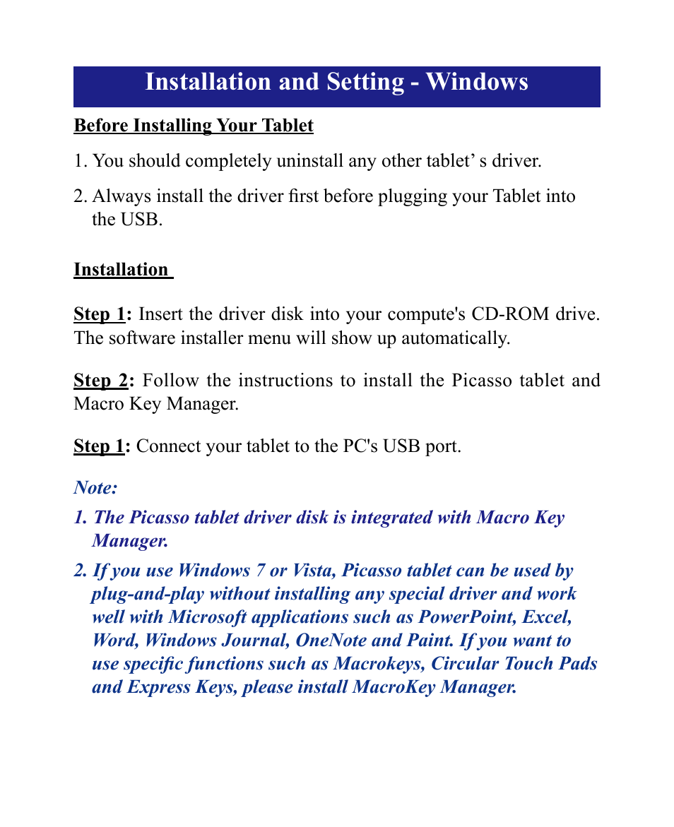 Installation and setting - windows | Penpower Picasso (Win/Mac) User Manual | Page 5 / 16