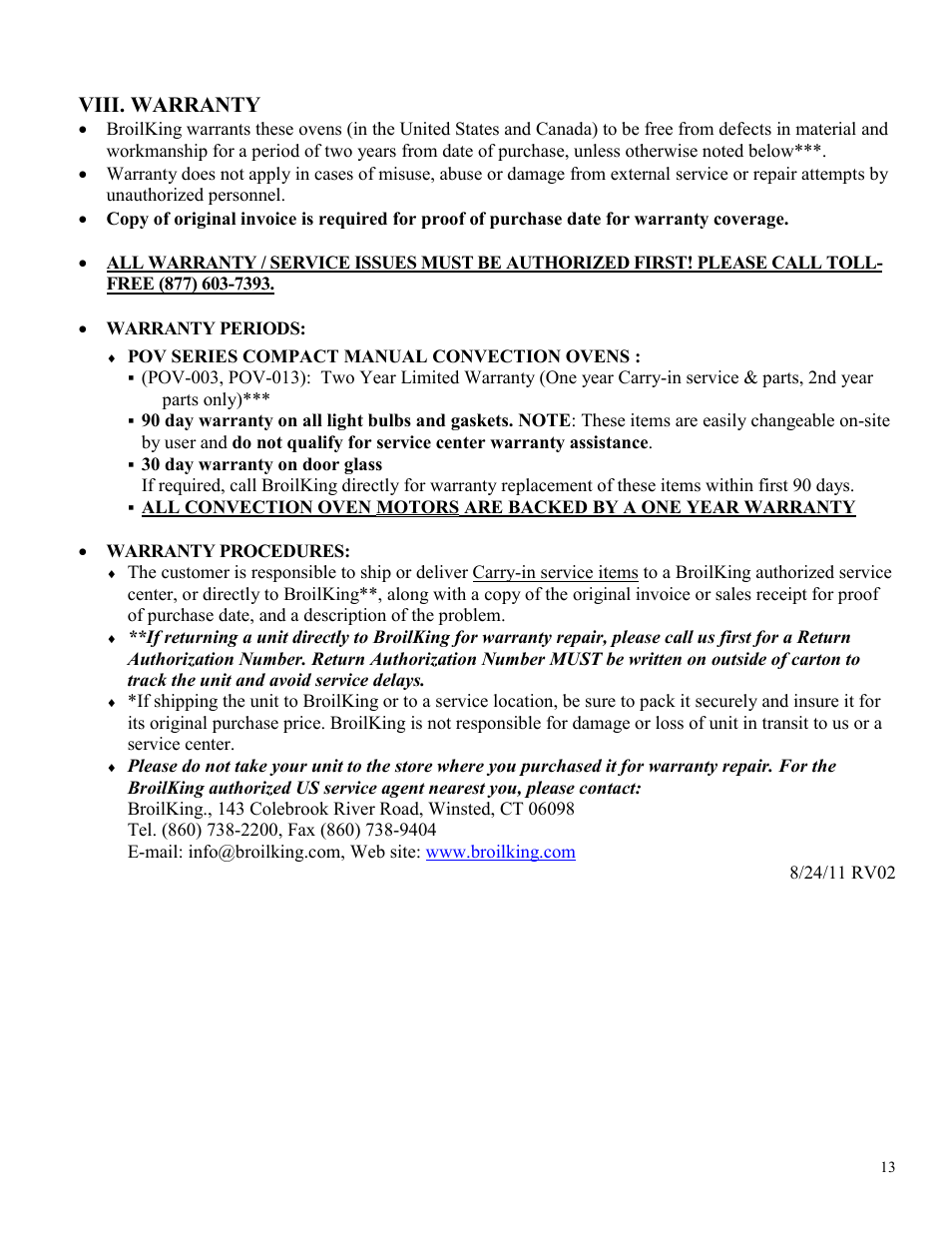 Viii. warranty | Broil King POV-003 User Manual | Page 13 / 13