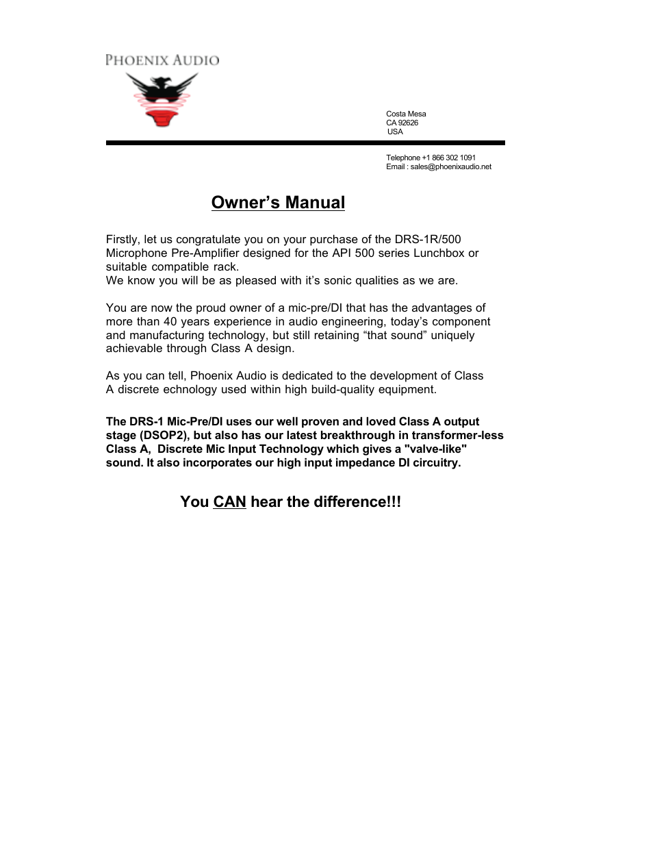 Phoenix Audio DRS-1R - Mono Class A Microphone Pre-Amplifier/DI in API 500 Series User Manual | 6 pages