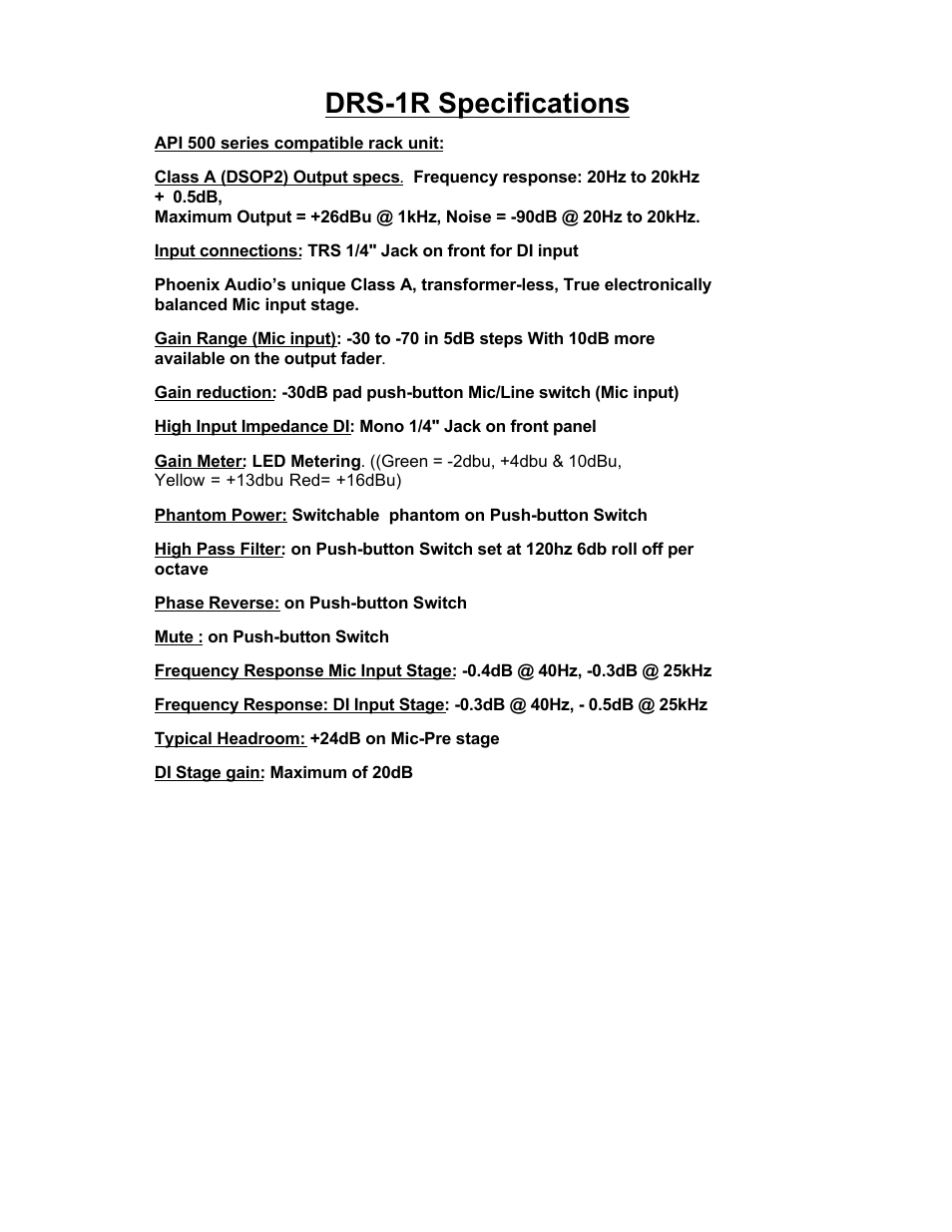 Drs-1r specifications | Phoenix Audio DRS-1R - Mono Class A Microphone Pre-Amplifier/DI in API 500 Series User Manual | Page 2 / 6