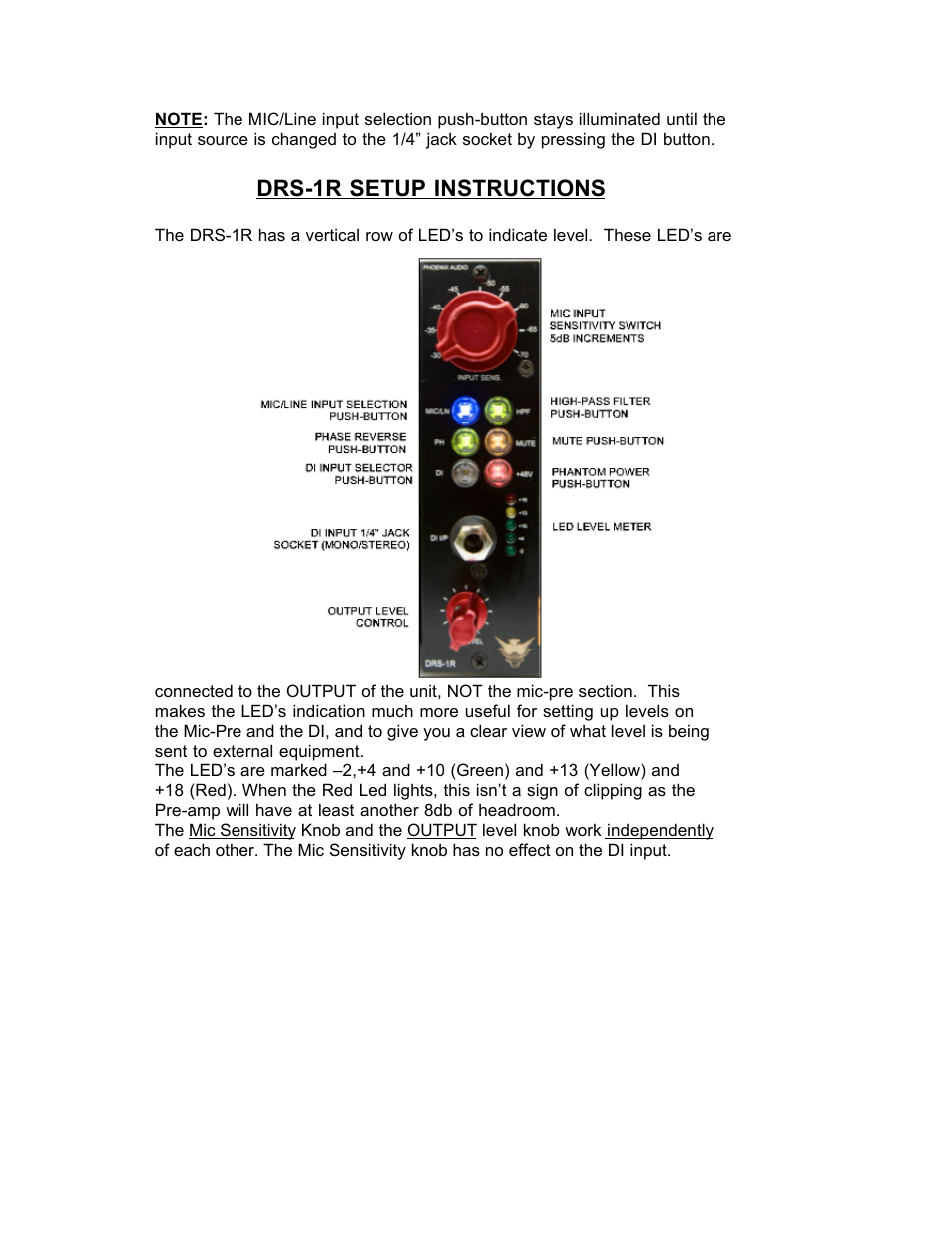 Drs-1r setup instructions | Phoenix Audio DRS-1R - Mono Class A Microphone Pre-Amplifier/DI in API 500 Series User Manual | Page 3 / 6