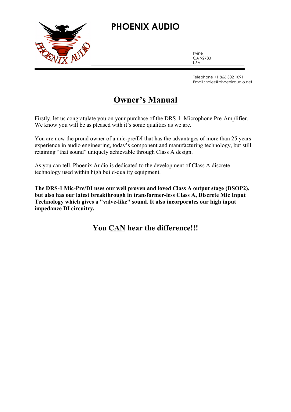 Phoenix Audio DRS-1 - Mono Class A Microphone Pre-Amplifier/DI User Manual | 5 pages