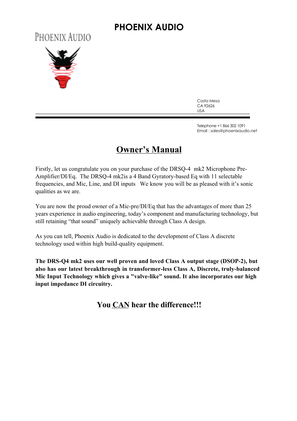 Phoenix Audio DRS-Q4 Mk2 - Stereo Class A Microphone Pre-Amplifier/DI/EQ User Manual | 6 pages