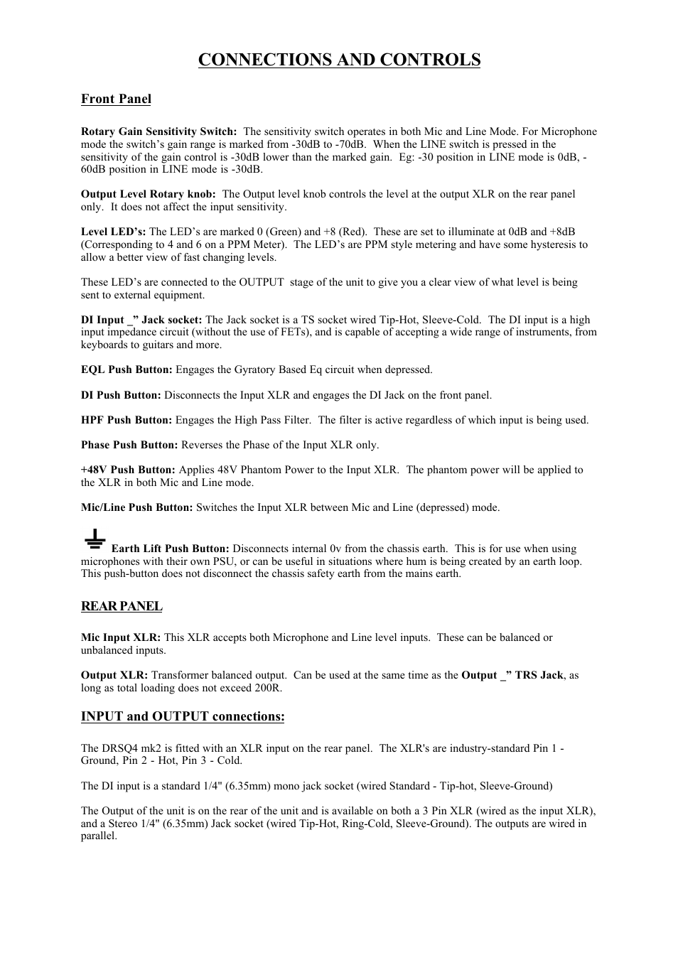 Connections and controls | Phoenix Audio DRS-Q4 Mk2 - Stereo Class A Microphone Pre-Amplifier/DI/EQ User Manual | Page 3 / 6