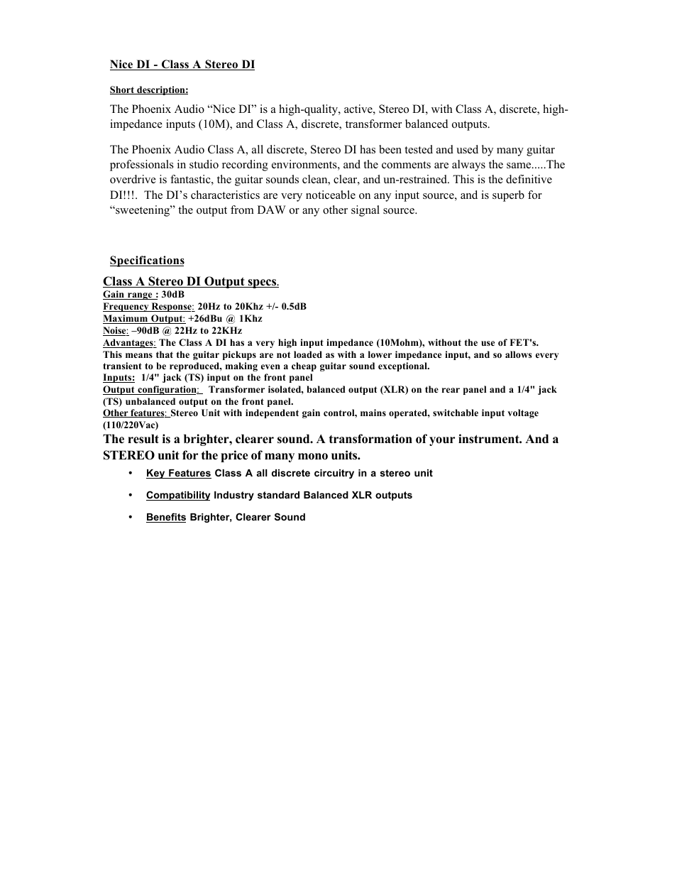 Phoenix Audio NICE DI - Class A Stereo DI User Manual | Page 2 / 2
