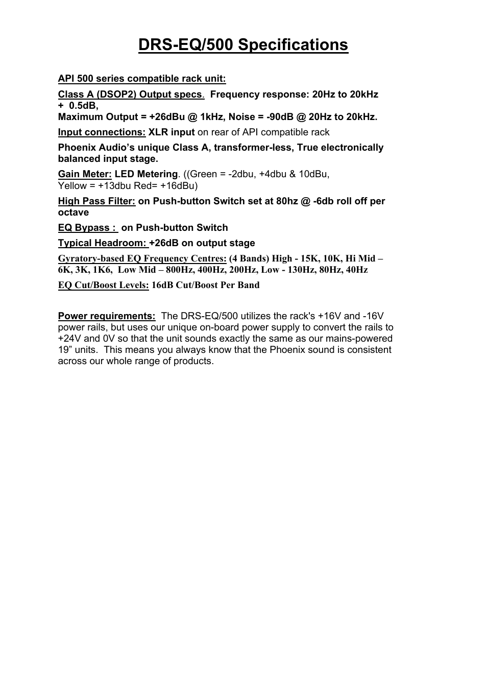 Drs-eq/500 specifications | Phoenix Audio DRS-EQ/500 - Mono Class A 4 Band EQ for the API 500 Series User Manual | Page 2 / 5