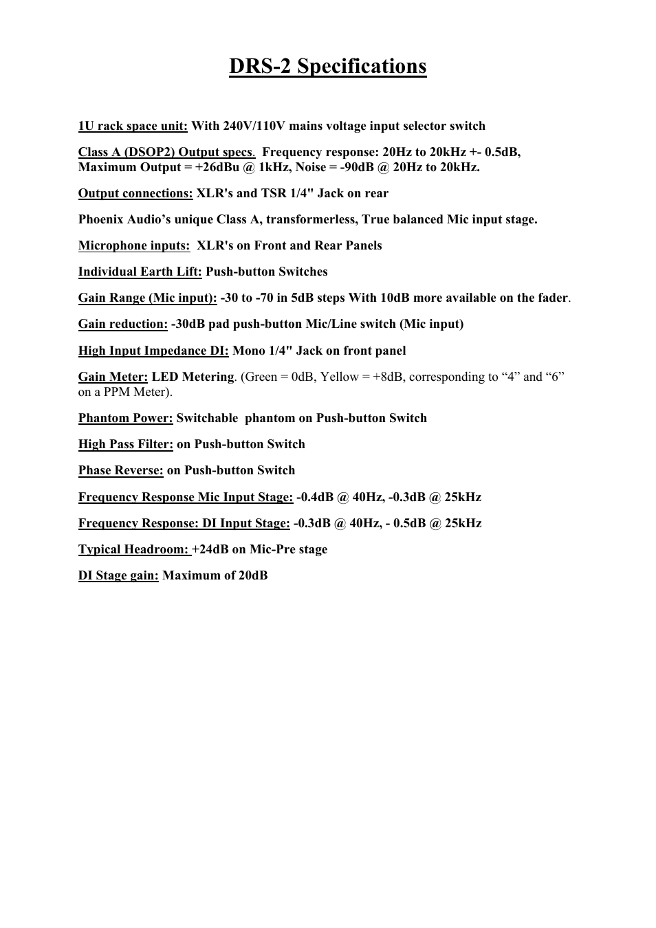 Drs-2 specifications | Phoenix Audio DRS-2 - Stereo Class A Microphone Pre-Amplifier/DI User Manual | Page 2 / 5