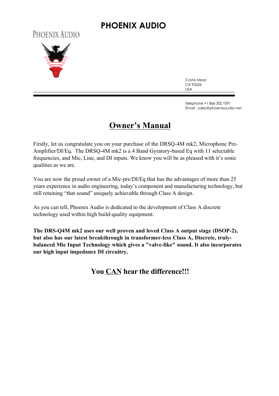 Phoenix Audio DRS-Q4M Mk2 - Mono Class A Microphone Pre-Amplifier/DI/EQ User Manual | 7 pages