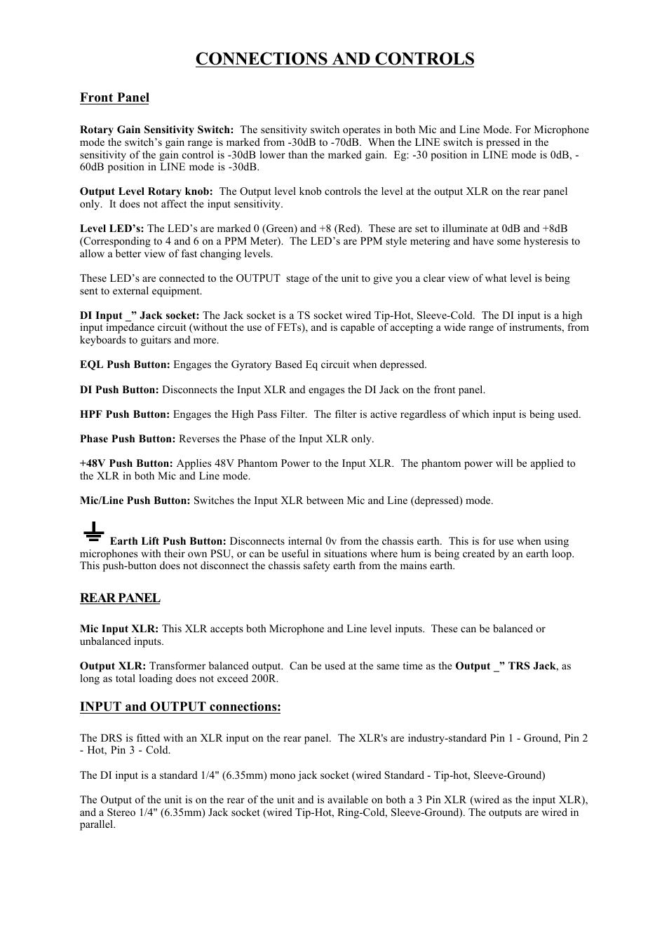 Connections and controls | Phoenix Audio DRS-Q4M Mk2 - Mono Class A Microphone Pre-Amplifier/DI/EQ User Manual | Page 3 / 7