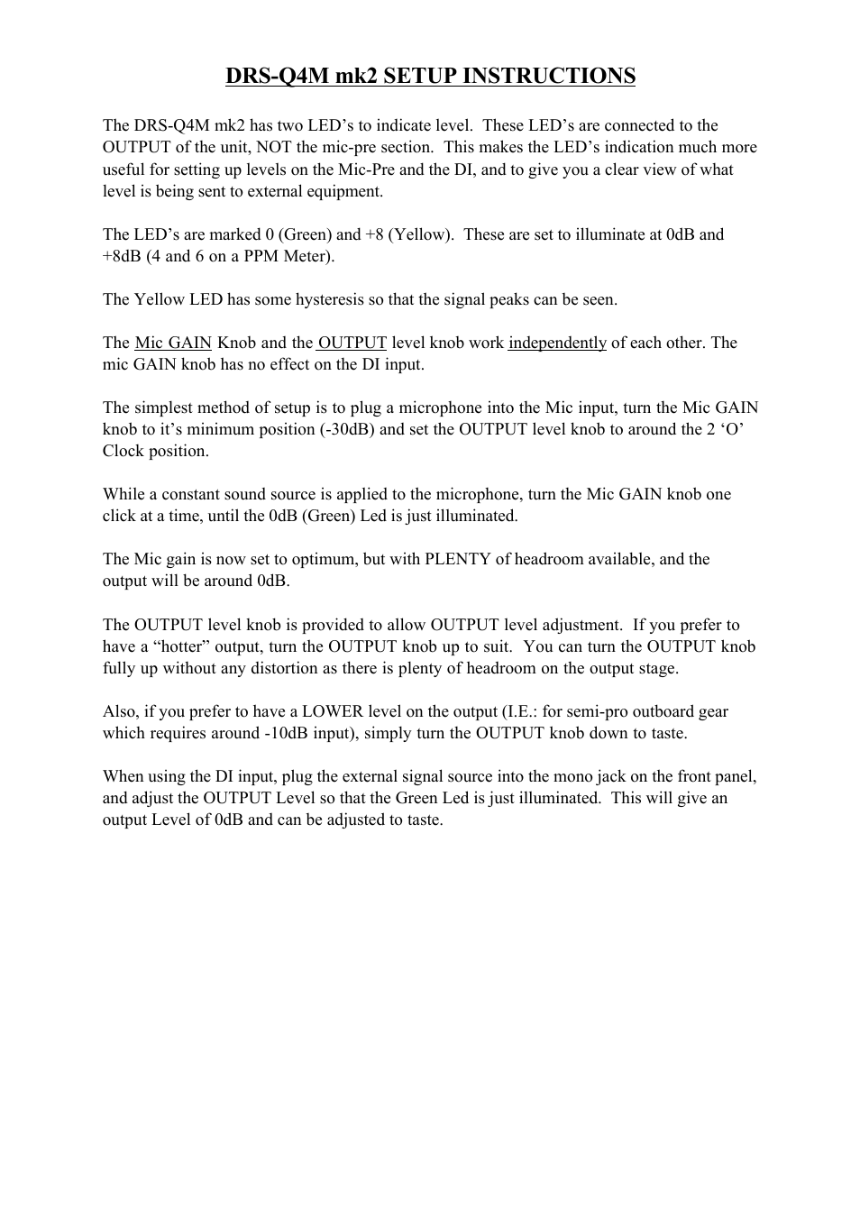 Drs-q4m mk2 setup instructions | Phoenix Audio DRS-Q4M Mk2 - Mono Class A Microphone Pre-Amplifier/DI/EQ User Manual | Page 4 / 7