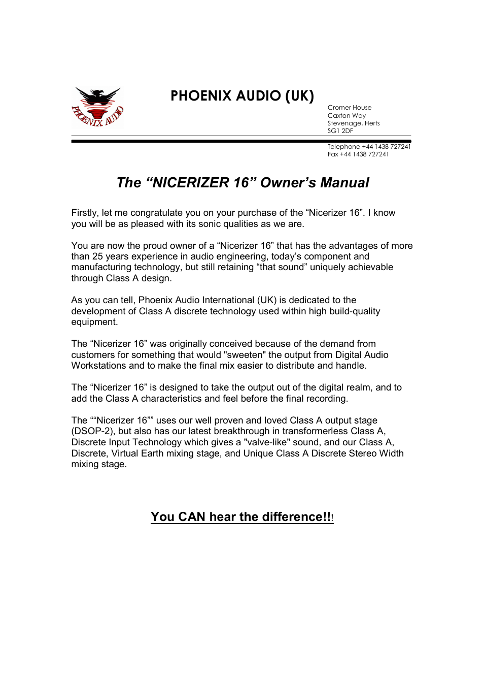 Phoenix Audio Nicerizer 16 - 16 Channel DAW Summing Solution User Manual | 6 pages