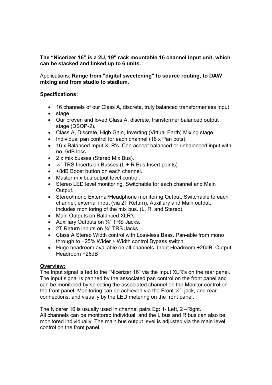 Phoenix Audio Nicerizer 16 - 16 Channel DAW Summing Solution User Manual | Page 2 / 6