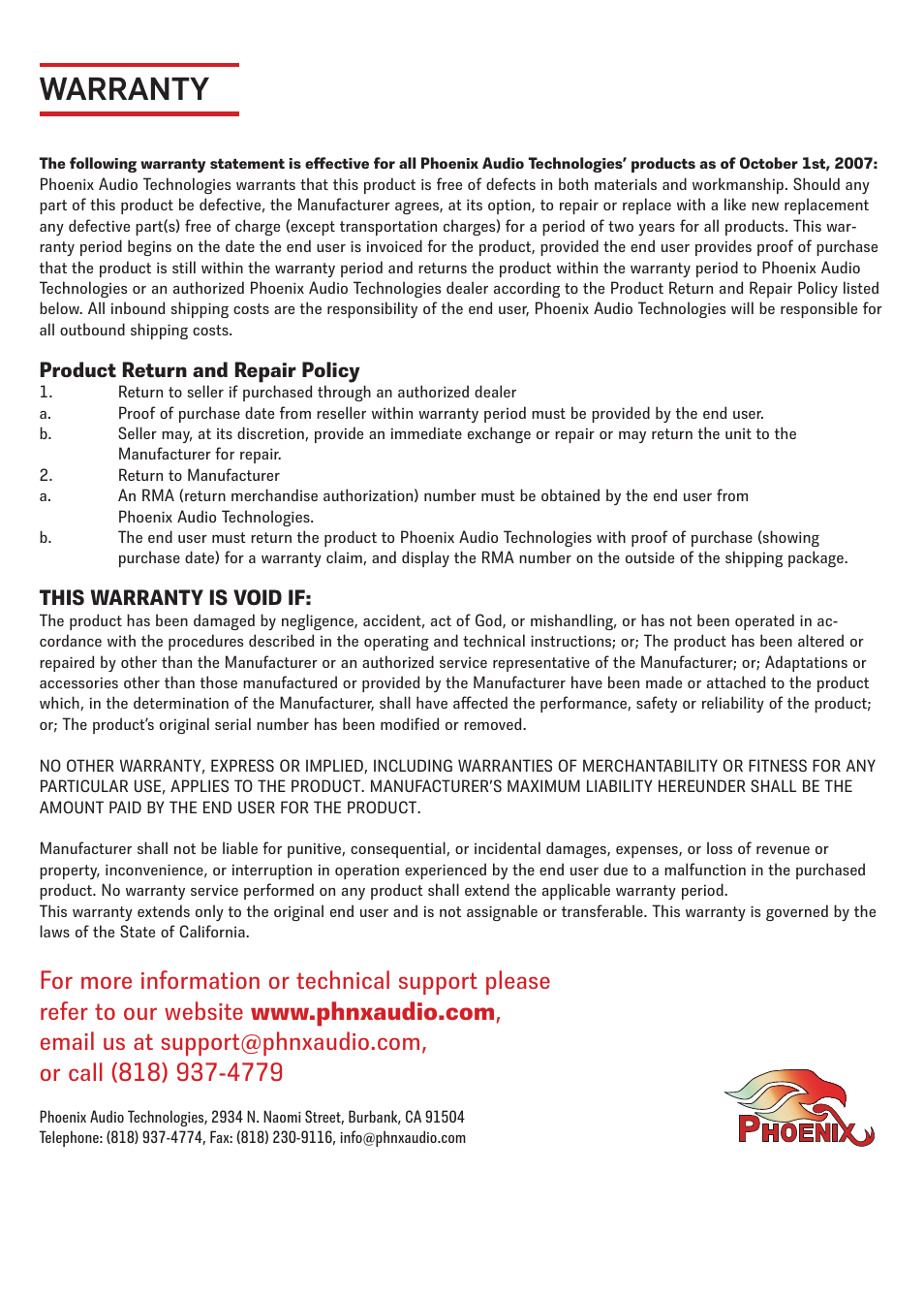 Warranty, Product return and repair policy, This warranty is void if | Phoenix Audio Technologies MT304-BLK Quattro3 User Manual | Page 8 / 8