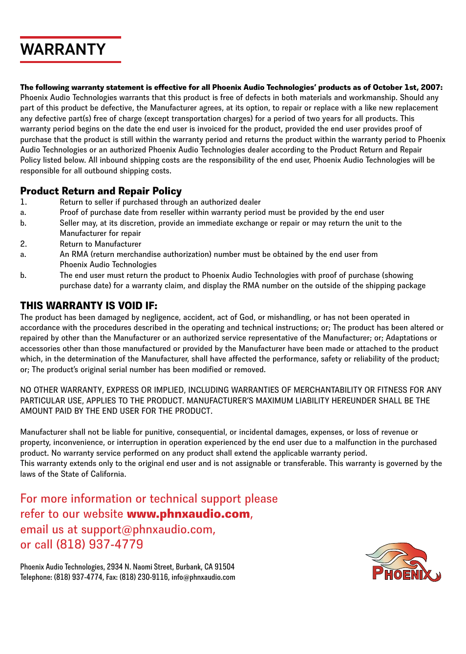 Warranty, Product return and repair policy, This warranty is void if | Phoenix Audio Quattro3 MT305 User Manual | Page 10 / 10