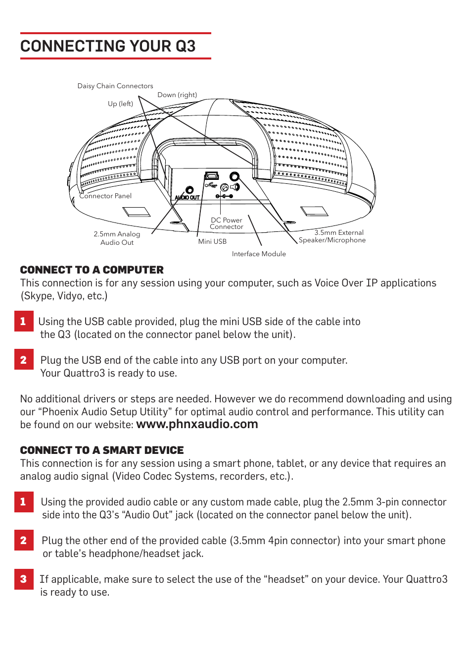 Connecting your q3 | Phoenix Audio Quattro3 USB and Smart Interface MT303 User Manual | Page 3 / 8