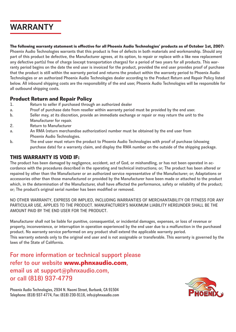 Warranty, Product return and repair policy, This warranty is void if | Phoenix Audio Quattro3 USB and Smart Interface MT303 User Manual | Page 8 / 8