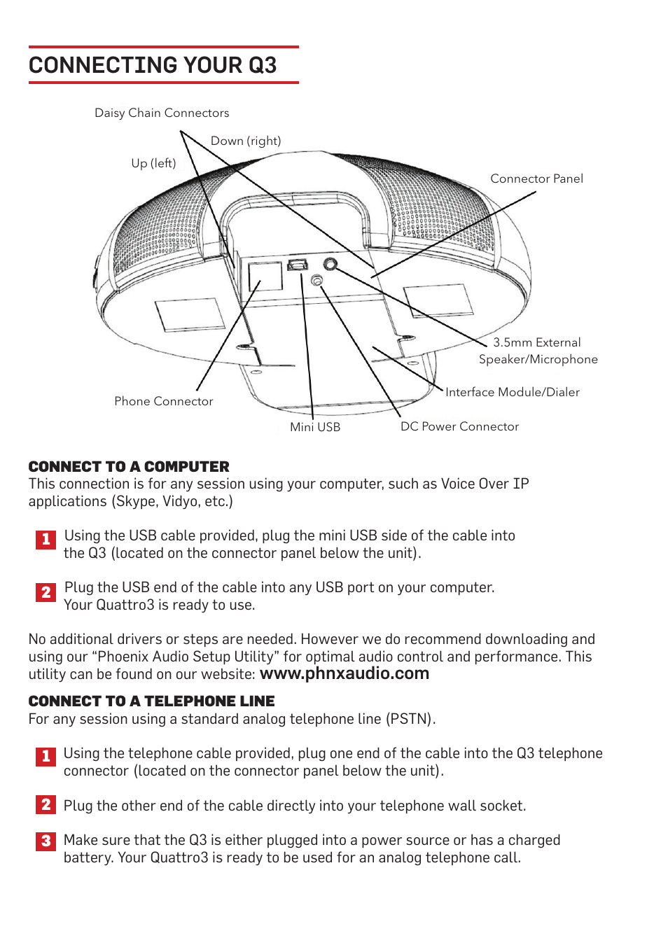 Connecting your q3 | Phoenix Audio Quattro3 USB and Telephone MT302 User Manual | Page 3 / 10