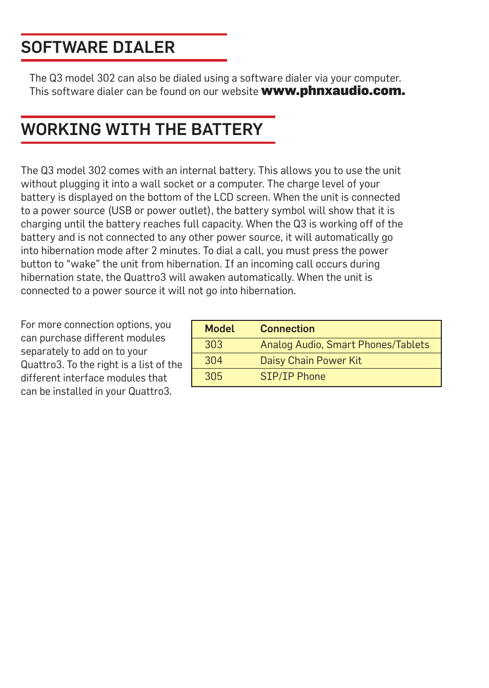 Software dialer, Working with the battery | Phoenix Audio Quattro3 USB and Telephone MT302 User Manual | Page 8 / 10