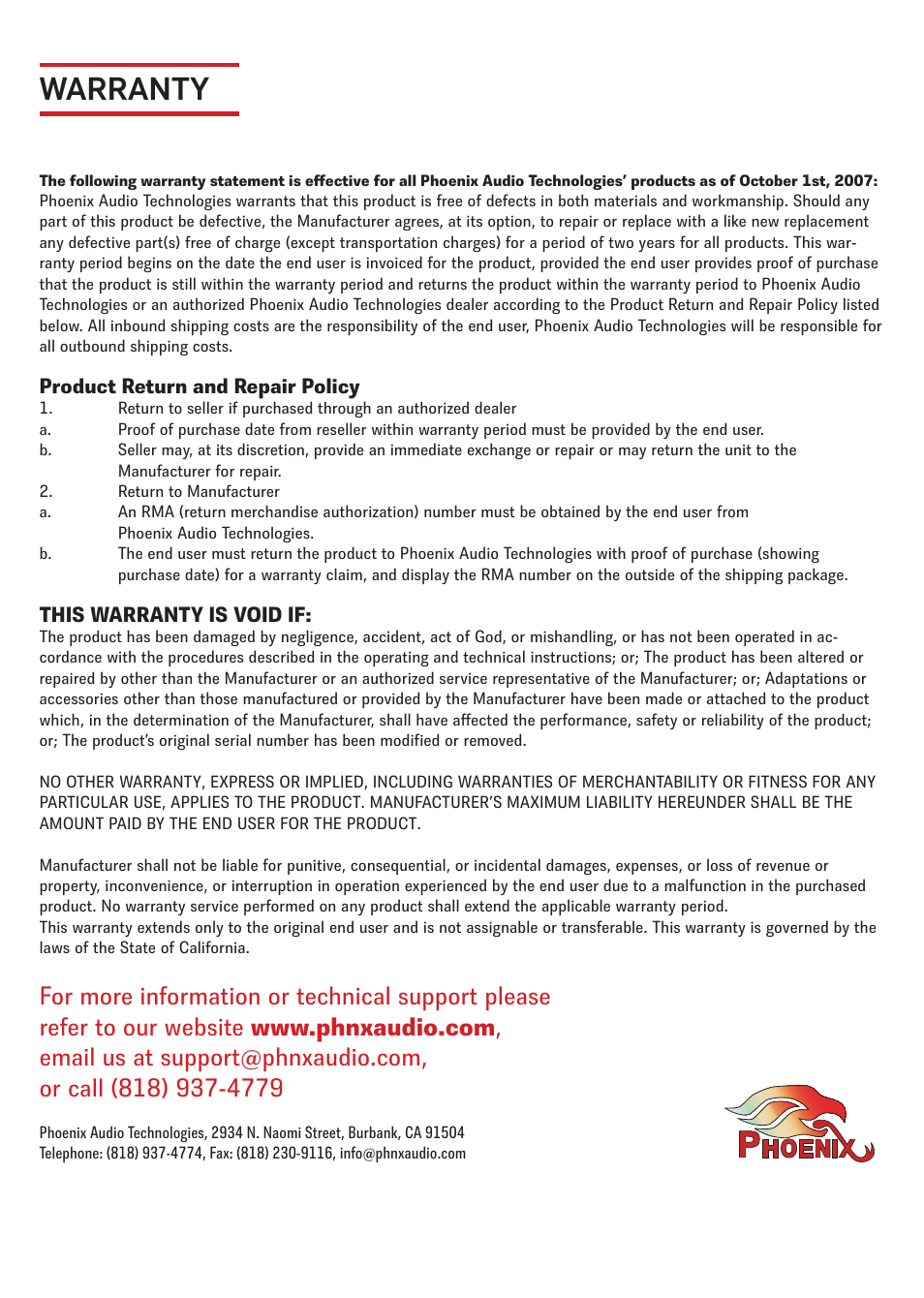 Warranty, Product return and repair policy, This warranty is void if | Phoenix Audio Quattro3 USB MT301 User Manual | Page 8 / 8