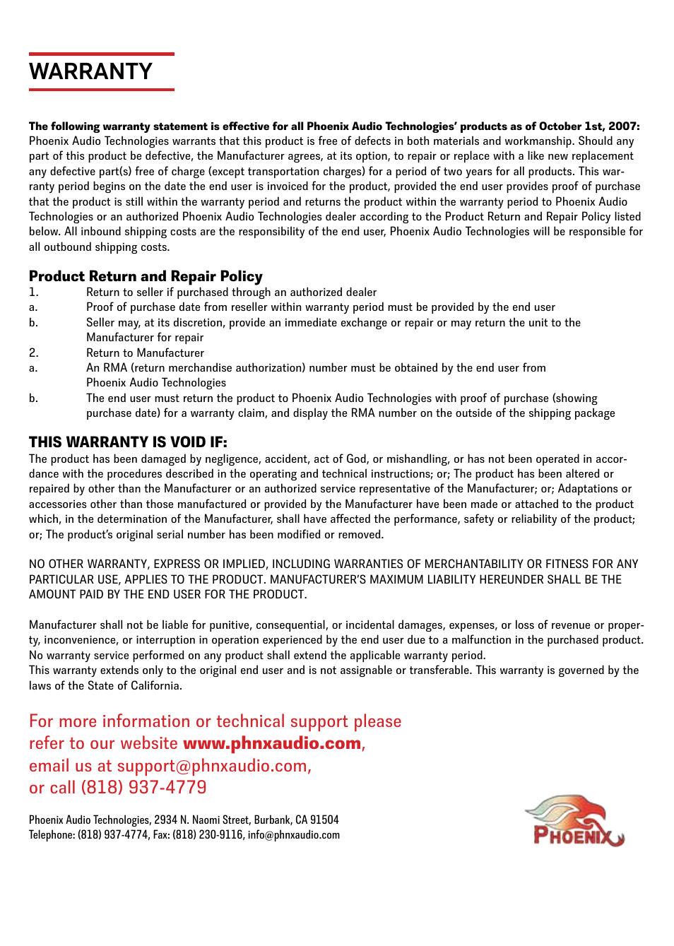 Warranty, Product return and repair policy, This warranty is void if | Phoenix Audio Duet Executive MT202-EXE User Manual | Page 10 / 10