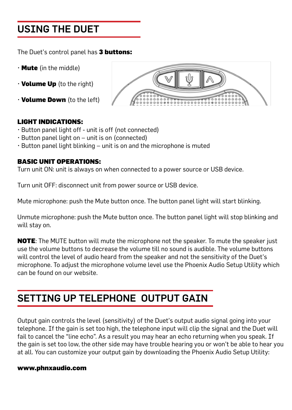 Using the duet, Setting up telephone output gain | Phoenix Audio Duet Executive MT202-EXE User Manual | Page 5 / 10