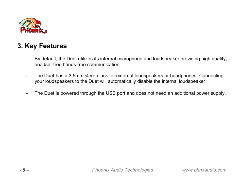 Key features | Phoenix Audio Technologies DUET VCA User Manual | Page 5 / 26