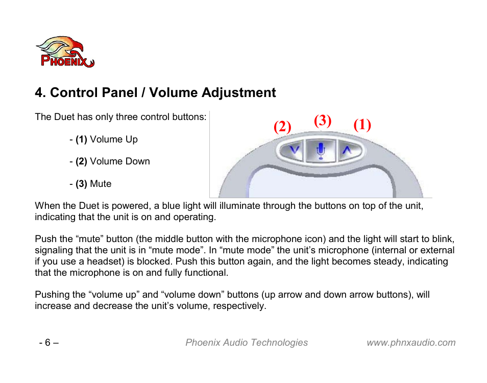 Control panel / volume adjustment | Phoenix Audio Technologies DUET VCA User Manual | Page 6 / 26