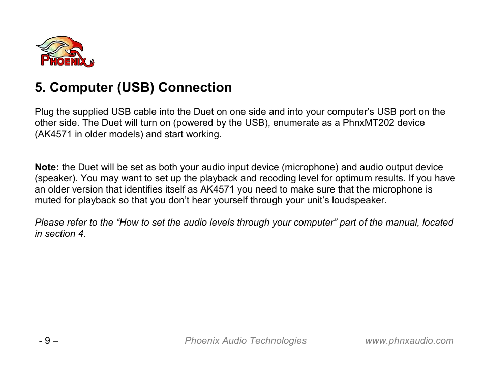 Computer (usb) connection | Phoenix Audio Technologies DUET VCA User Manual | Page 9 / 26