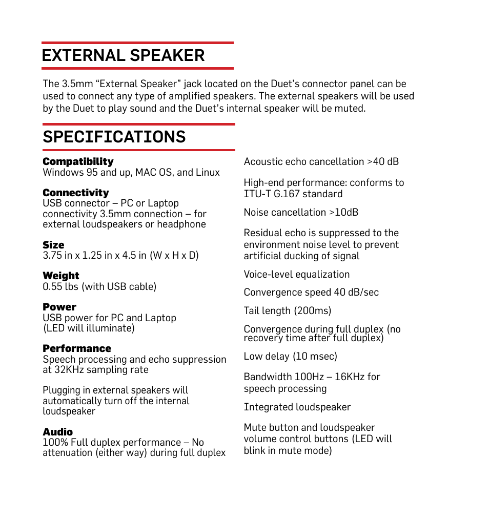 External speaker, Specifications | Phoenix Audio Duet PCS (MT202-PCS User Manual | Page 5 / 6