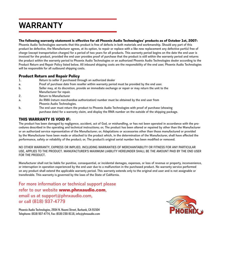 Warranty | Phoenix Audio Duet PCS (MT202-PCS User Manual | Page 6 / 6