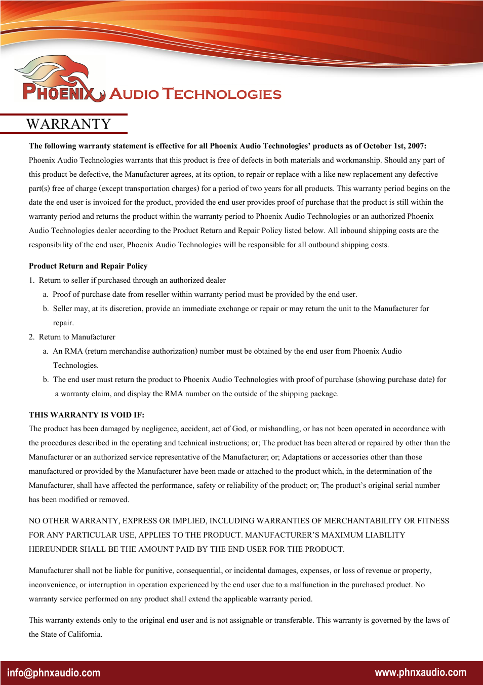 Warranty | Phoenix Audio Technologies MT107E-HD User Manual | Page 7 / 7