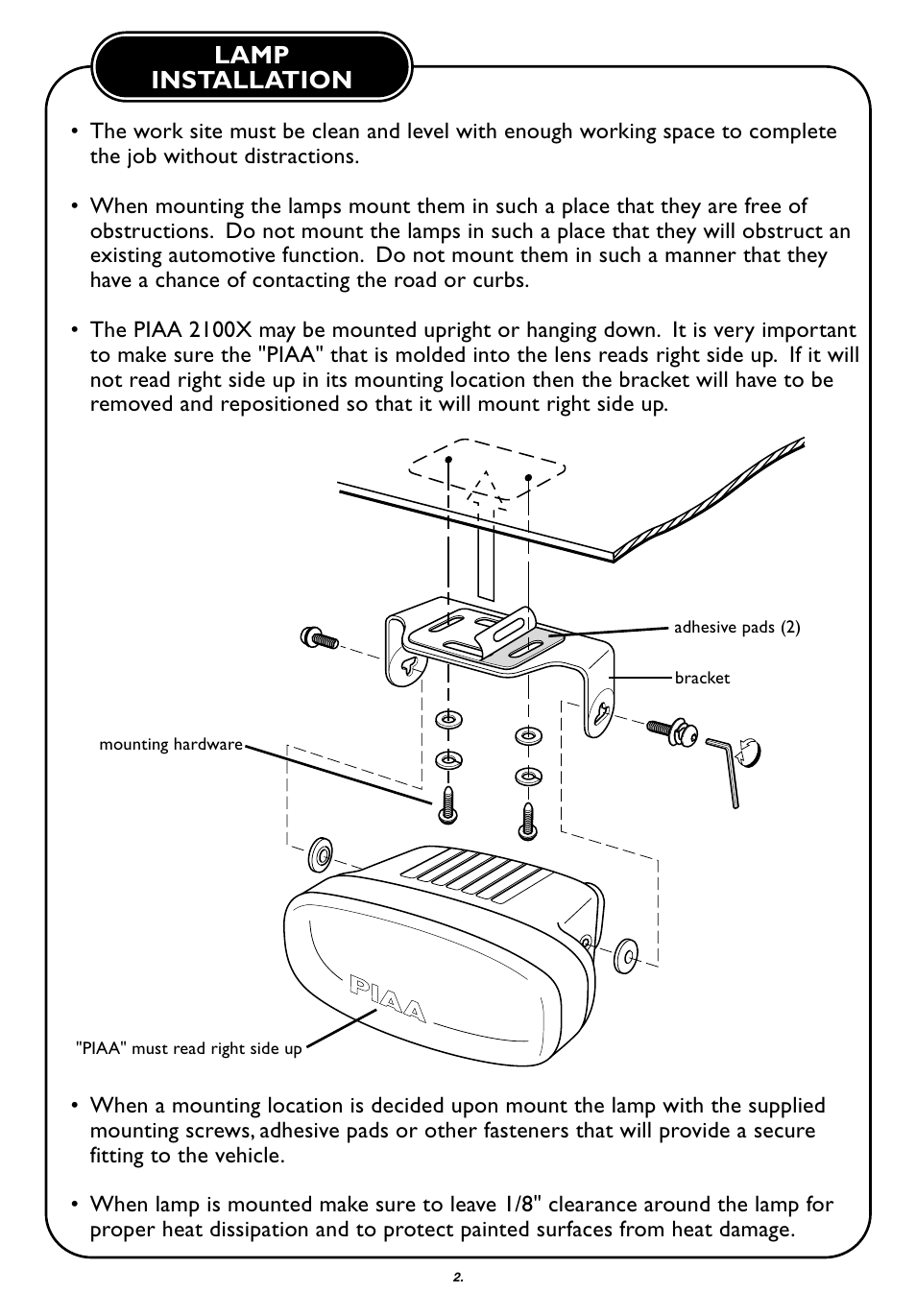 Lamp installation | PIAA 2100 Series User Manual | Page 3 / 8