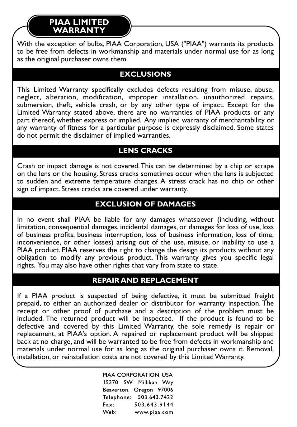 PIAA 510 Series User Manual | Page 6 / 6