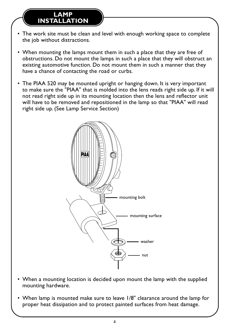 Lamp installation | PIAA 520 Series User Manual | Page 3 / 8