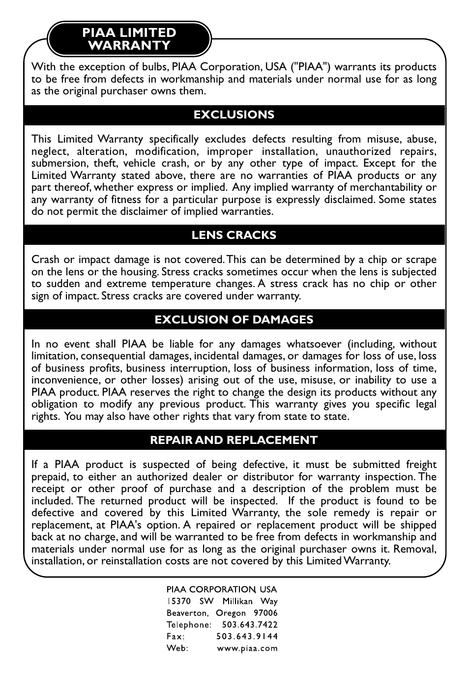 PIAA 520 Series User Manual | Page 8 / 8