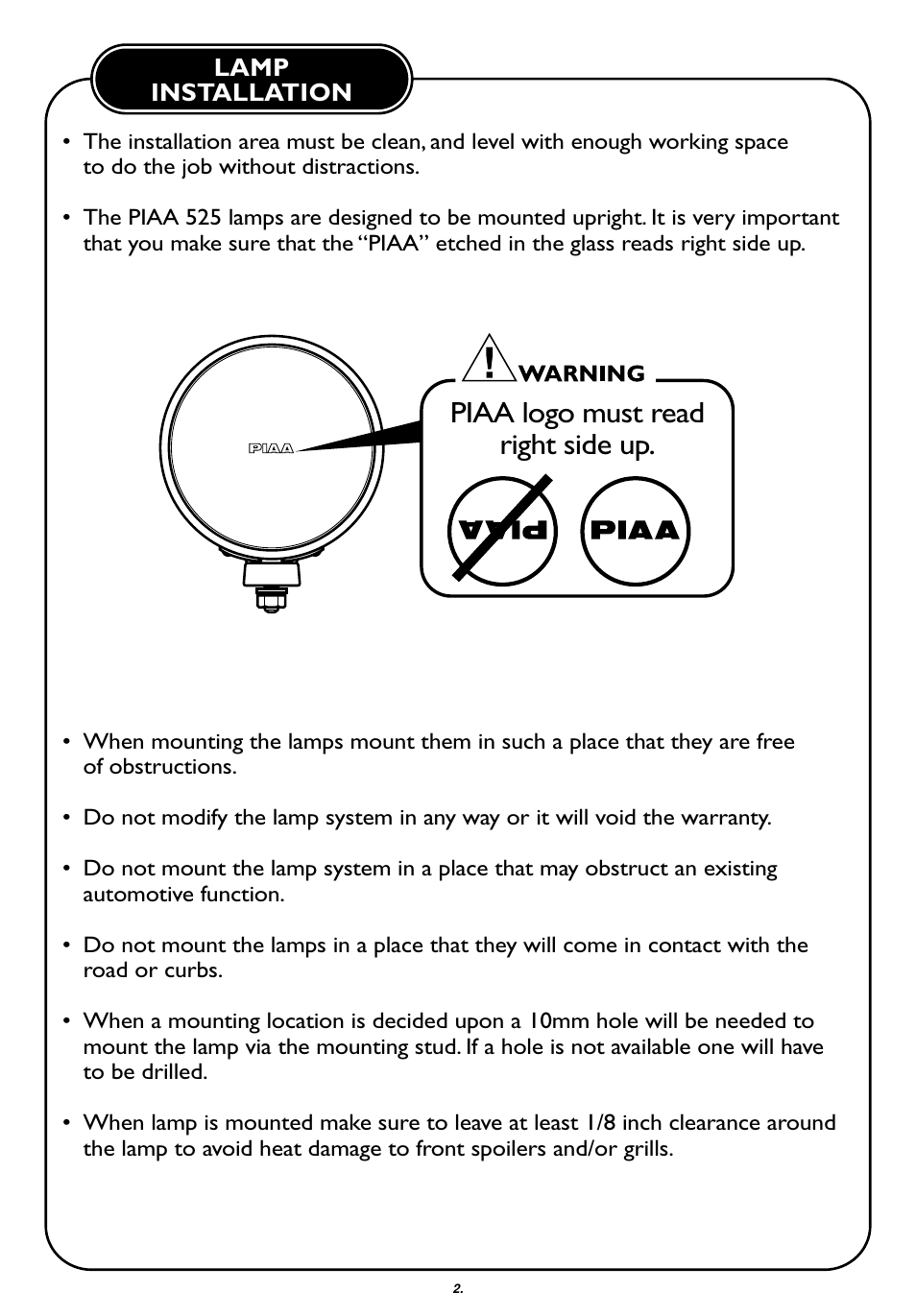 Piaa logo must read right side up | PIAA 525 Series User Manual | Page 3 / 8