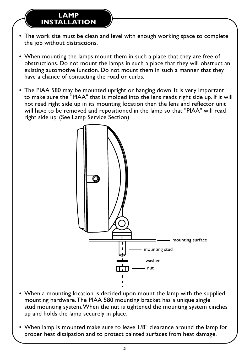 Lamp installation | PIAA 580 Series User Manual | Page 3 / 8