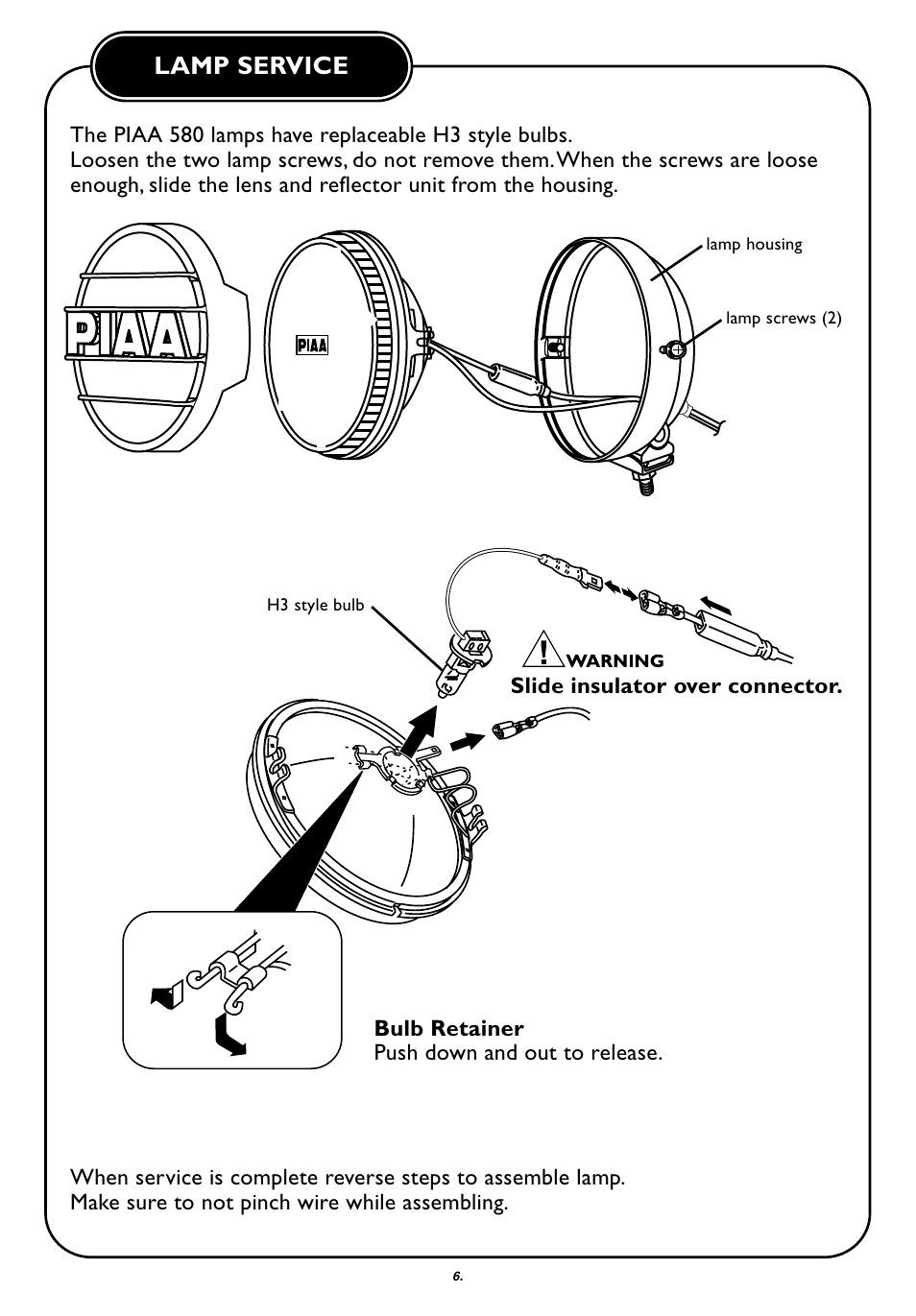 Lamp service | PIAA 580 Series User Manual | Page 7 / 8