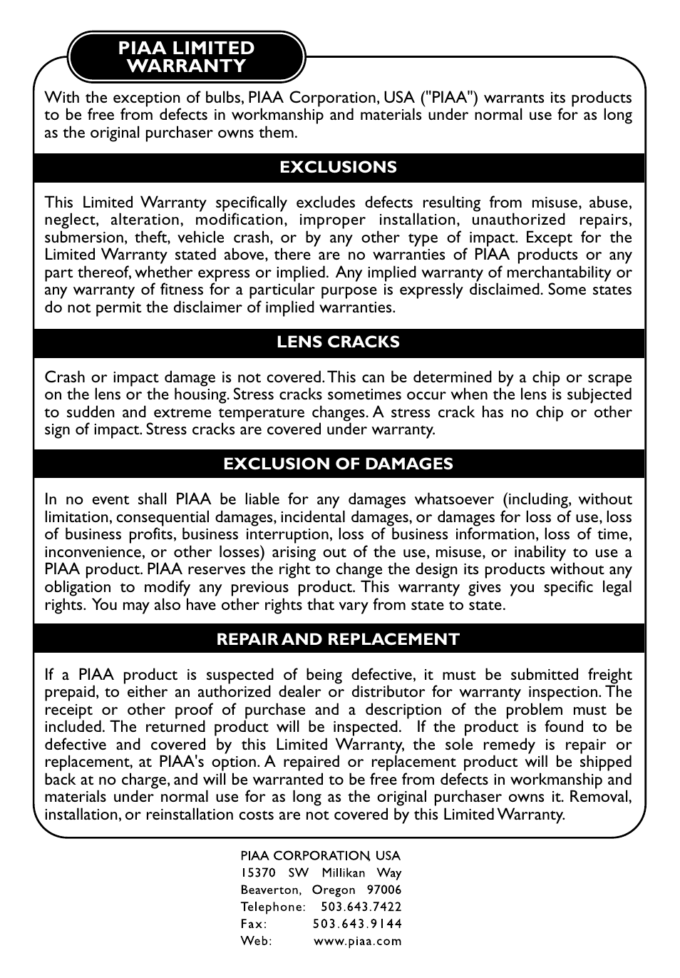 PIAA 580 Series User Manual | Page 8 / 8