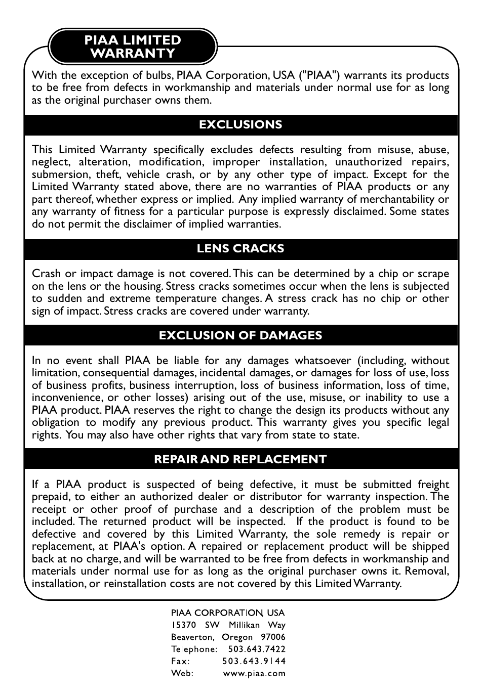 PIAA 1500 Back-Up User Manual | Page 8 / 8